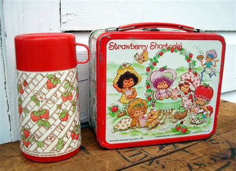 strawberry shortcake metal lunch box with thermos|strawberry short cake lunch box.